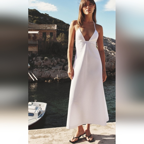 NWT Zara - Cotton White Open Back Spaghetti Strap Midi Dress - Picture 6 of 11